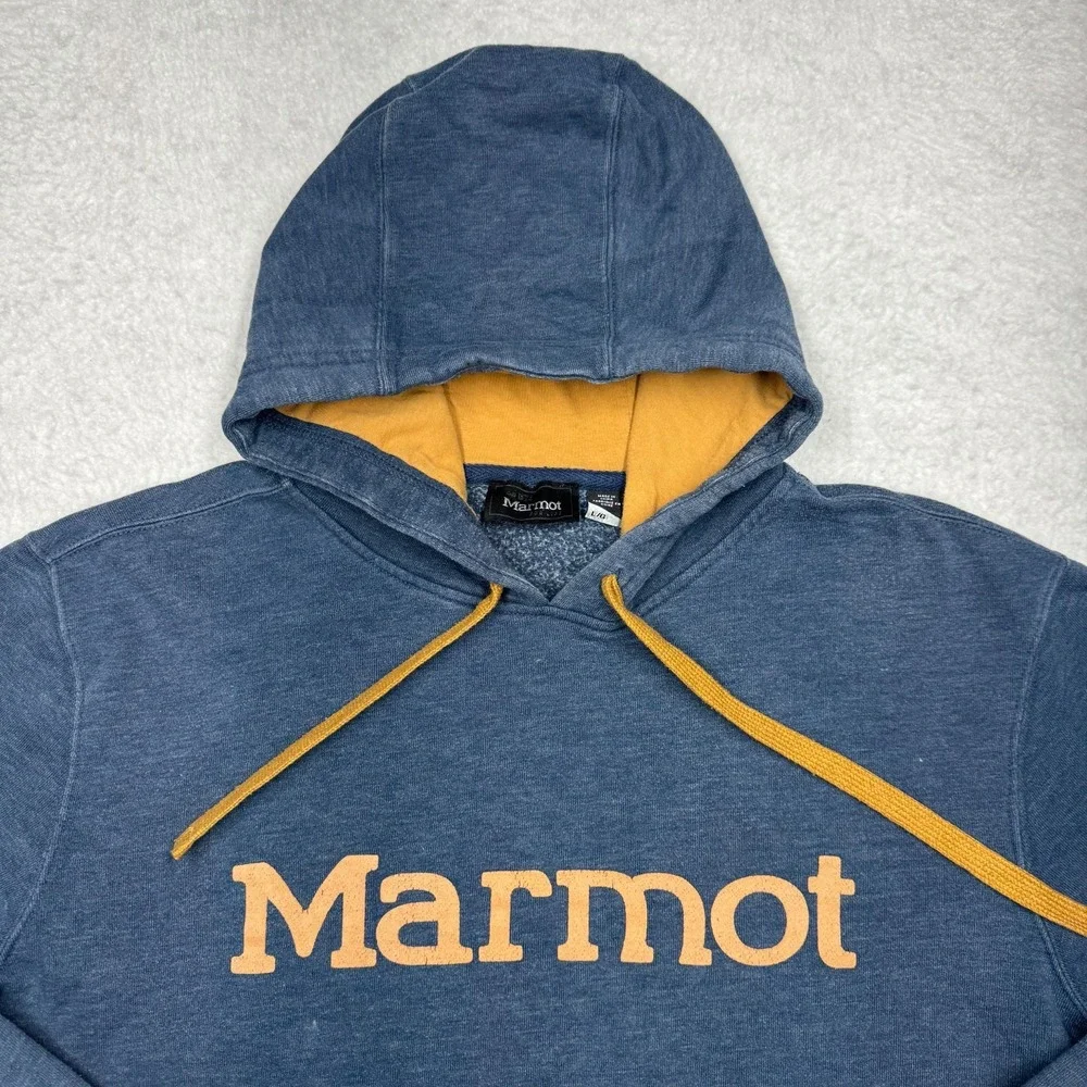 Marmot‎ Graphic Logo Hoodie Sweater Blue Men's Size Large - Picture 2 of 9